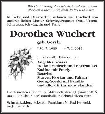 Traueranzeige von Dorothea Wuchert von Südthüringer Presse