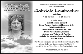 Traueranzeige von Gabriele Leutbecher von Südthüringer Presse