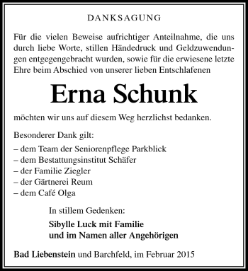 Traueranzeige von Erna Schunk von Südthüringer Presse
