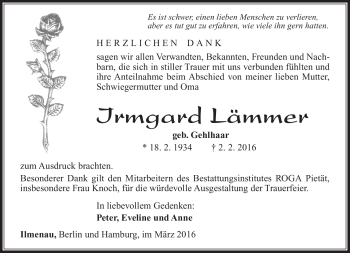 Traueranzeige von Irmgard Lämmer von Südthüringer Presse