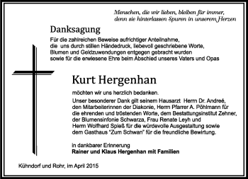 Traueranzeige von Kurt Hergenhahn von Südthüringer Presse