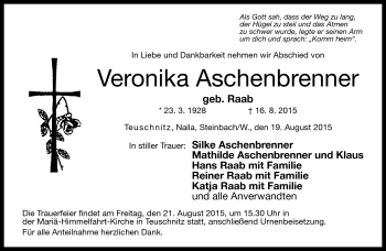 Traueranzeige von Veronika Aschenbrenner von Neue Presse Coburg
