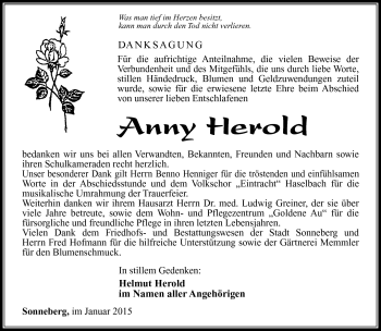 Traueranzeige von Anny Herold von Südthüringer Presse