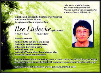 Traueranzeige von Ilse Lüdecke von Südthüringer Presse