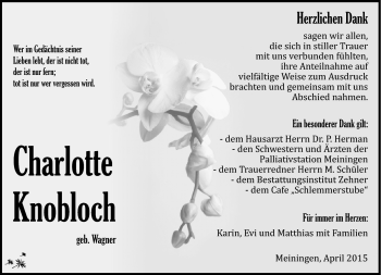 Traueranzeige von Chrlotte Knobloch von Südthüringer Presse