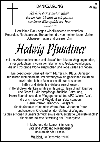 Traueranzeige von Hedwig Pfundner von Südthüringer Presse