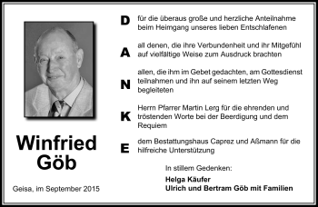 Traueranzeige von Winfried Göb von Südthüringer Presse