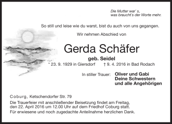 Traueranzeige von Gerda Schäfer von Neue Presse Coburg