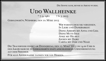 Traueranzeige von Udo Wallheinke von Frankenpost