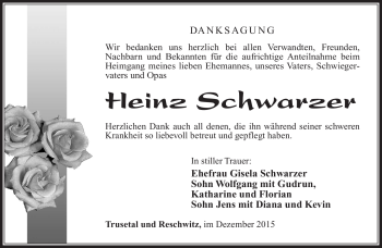 Traueranzeige von Heinz Schwarzer von Südthüringer Presse