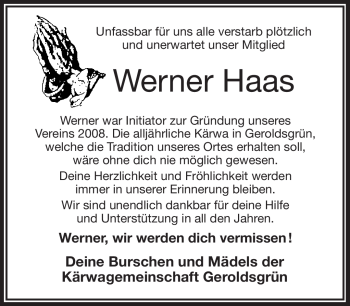 Traueranzeige von Werner Haas von Frankenpost