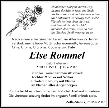 Traueranzeige von Else Rommel von Südthüringer Presse