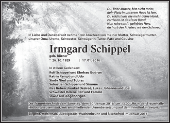 Traueranzeige von Irmgard Schippel von Südthüringer Presse