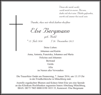 Traueranzeige von Else Bergmann von Frankenpost