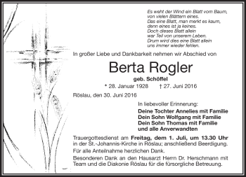 Traueranzeige von Berta Rogler von Frankenpost