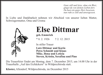 Traueranzeige von Else Dittmar von Südthüringer Presse