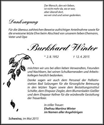 Traueranzeige von Burkhard Winter von Südthüringer Presse