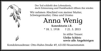 Traueranzeige von Anna Wenig von Frankenpost