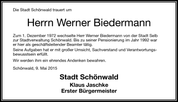 Traueranzeige von Werner Biedermann von Frankenpost