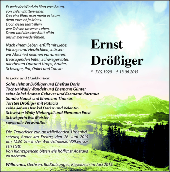 Traueranzeige von Ernst Drößiger von Südthüringer Presse