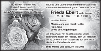 Traueranzeige von Frieda Ebert von Südthüringer Presse