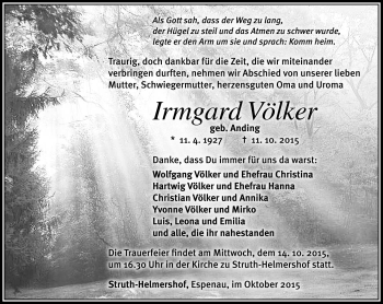 Traueranzeige von Irmgard Völker von Südthüringer Presse