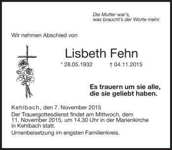 Traueranzeige von Lisbeth Fehn von Neue Presse Coburg