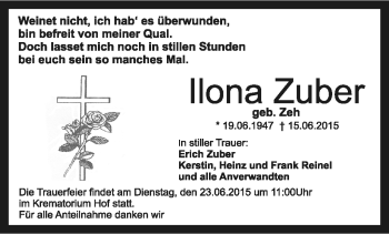 Traueranzeige von Ilona Zuber von Frankenpost