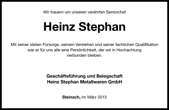 Traueranzeige von Heinz Stephan von Südthüringer Presse