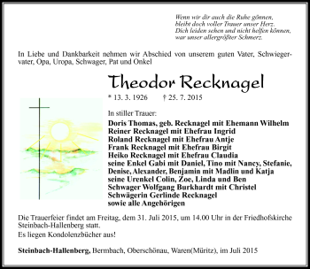 Traueranzeige von Theodor Recknagel von Südthüringer Presse