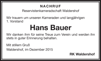 Traueranzeige von Hans Bauer von Frankenpost