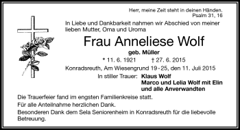 Traueranzeige von Anneliese Wolf von Frankenpost