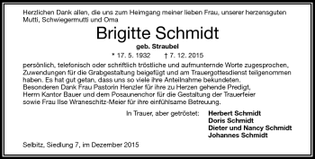 Traueranzeige von Brigitte Schmidt von Frankenpost