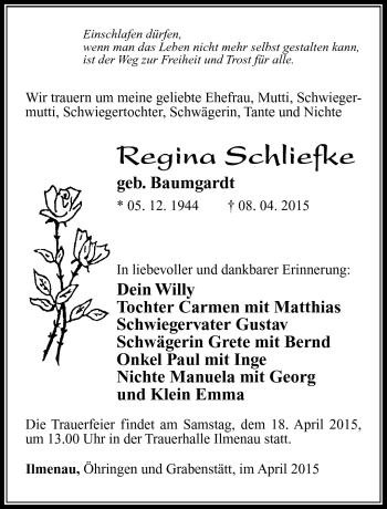 Traueranzeige von Regina Schliefke von Südthüringer Presse