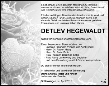 Traueranzeige von Detlev Hegewaldt von Südthüringer Presse