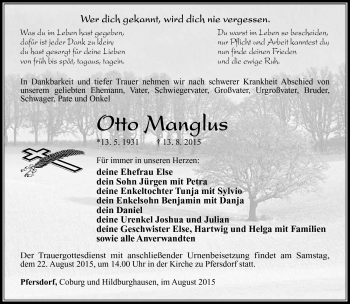 Traueranzeige von Otto Manglus von Südthüringer Presse
