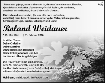 Traueranzeige von Roland Wiedauer von Südthüringer Presse
