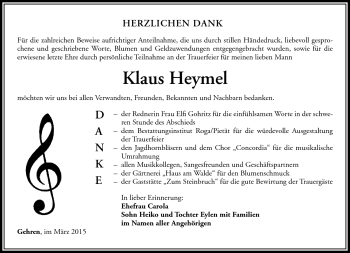 Traueranzeige von Klaus Heymel von Südthüringer Presse