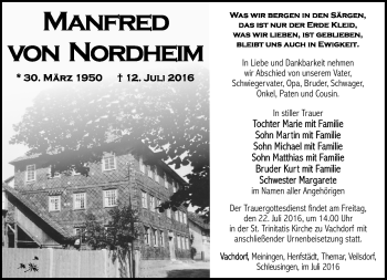 Traueranzeige von Manfred von Nordheim von Südthüringer Presse