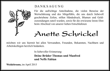 Traueranzeige von Anette Schrickel von Südthüringer Presse