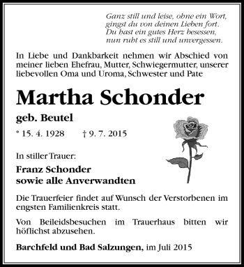Traueranzeige von Martha Schonder von Südthüringer Presse