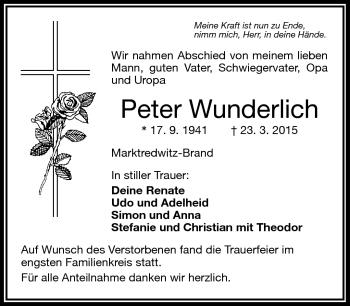 Traueranzeige von Peter Wunderlich von Frankenpost