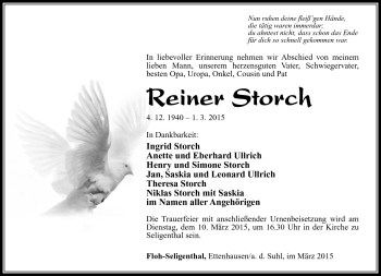 Traueranzeige von Reiner Storch von Südthüringer Presse