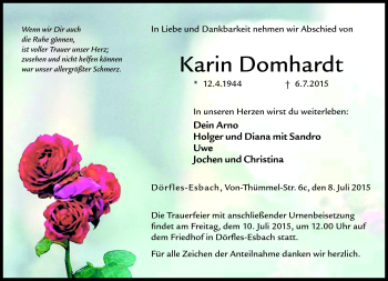 Traueranzeige von Karin Domhardt von Neue Presse Coburg