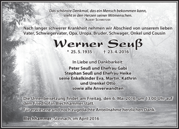 Traueranzeige von Werner Seuß von Südthüringer Presse