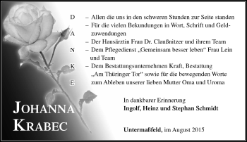 Traueranzeige von Johanna Krabec von Südthüringer Presse