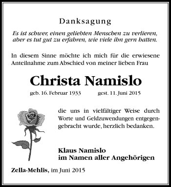 Traueranzeige von Christa Namislo von Südthüringer Presse