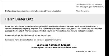 Traueranzeige von Dieter Lutz von Frankenpost