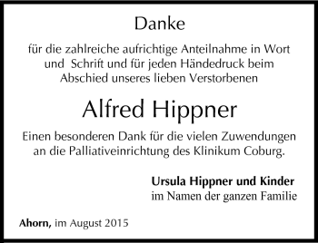 Traueranzeige von Afred Hippner von Neue Presse Coburg