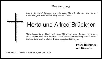 Traueranzeige von HertaAlfred BrücknerBrückner von Neue Presse Coburg